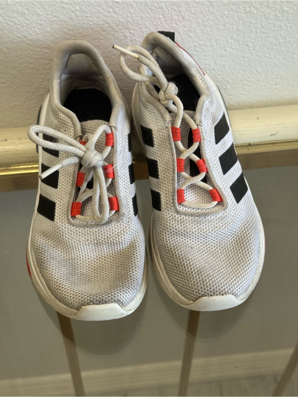 adidas Kids White Sneakers with Black Stripes and Red Accents